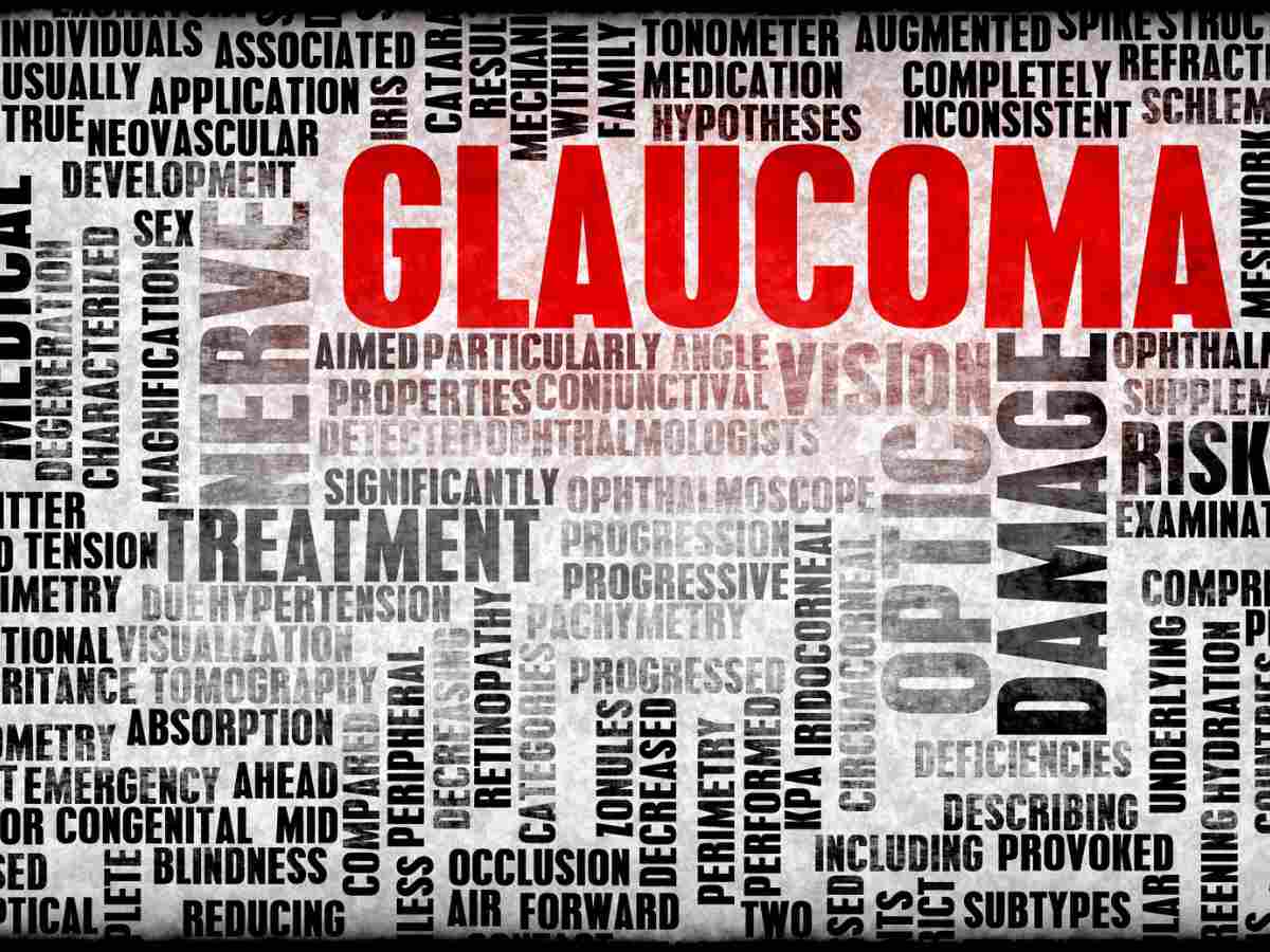 Word cloud of glaucoma, including optic damage, treatment, and risk.