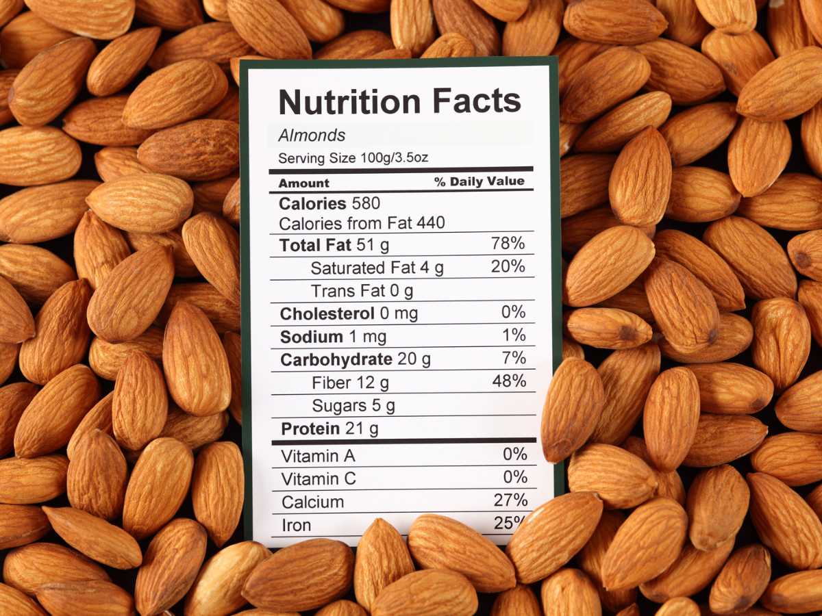 Nutrition facts label for almonds, specifying calories, fat, sodium, carbohydrates, and protein.