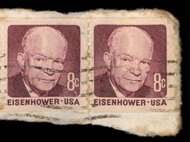 The face of Dwight D. Eisenhower, the 34th President of the United States of America on a stamp (1971).