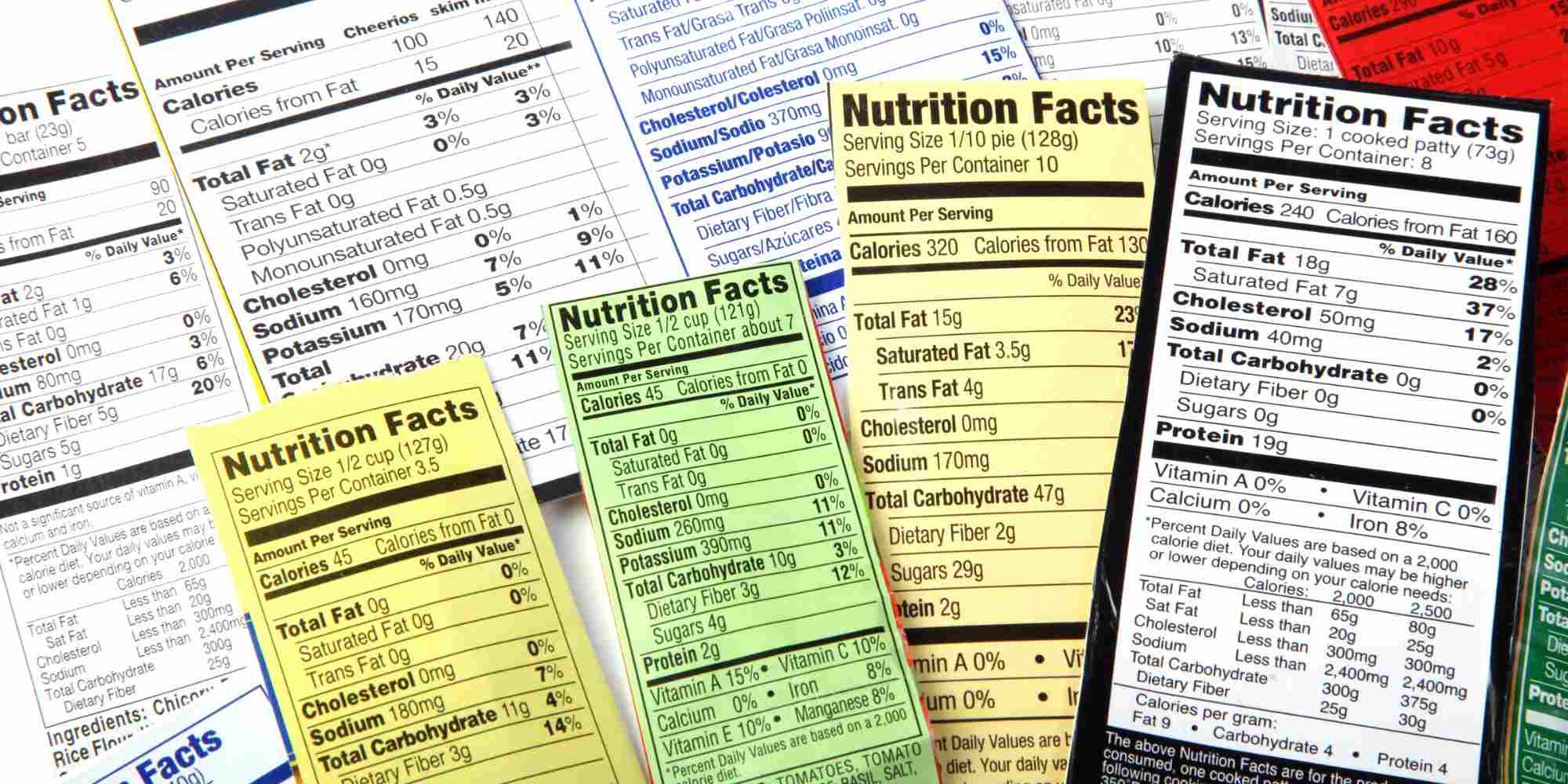 A display of a multicolour spread of nutrition labels of several food products.